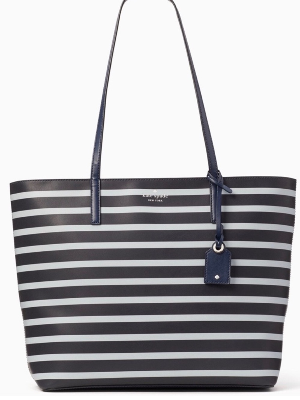 KATE SPADE "Janie" Blue Navy Striped Smooth Leather Tote Bag